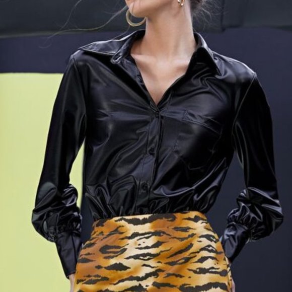 TRENDY DOLLZ Lantern Sleeve PU Leather Bodysuit - Picture 9 of 12